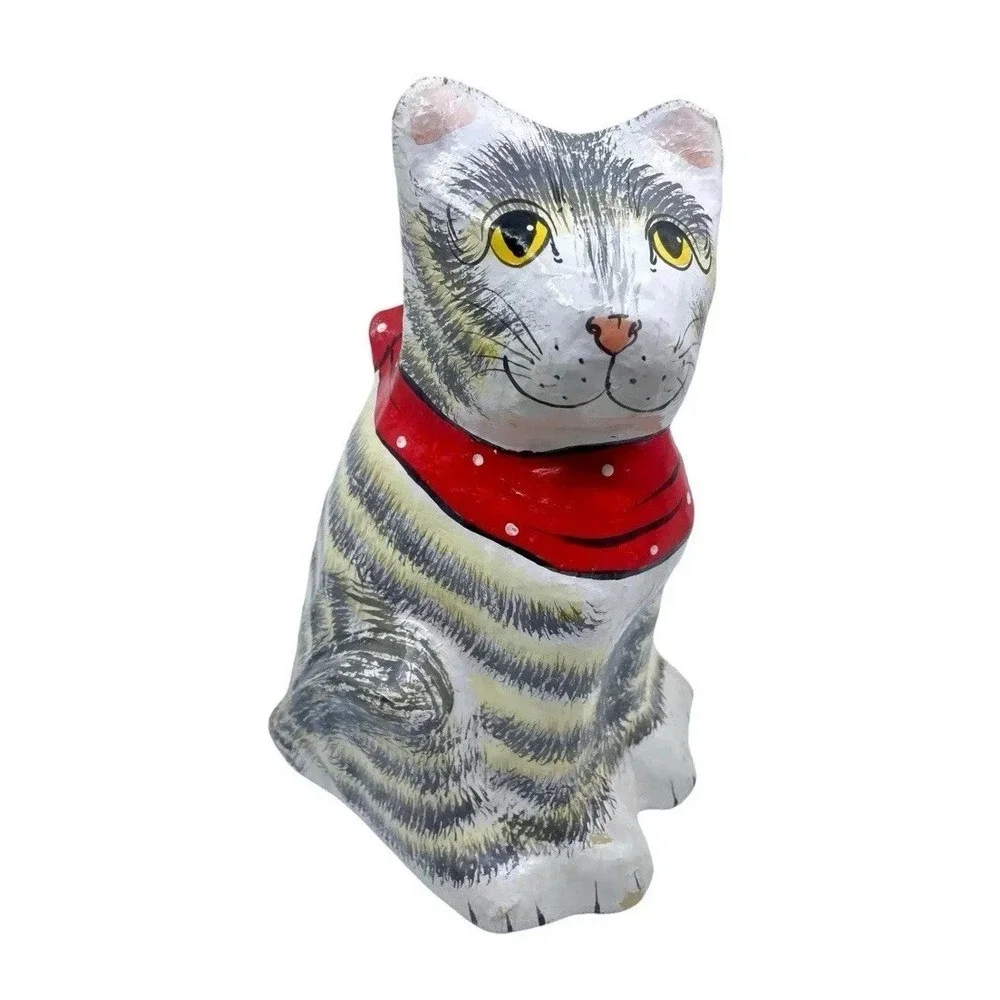 Vintage Large Paper Mache Striped Cat with red handkerchief Statue